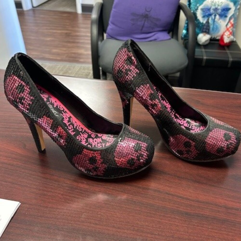 Iron Fist Size 8 Pink on Black Sequin Skull Stilettoes